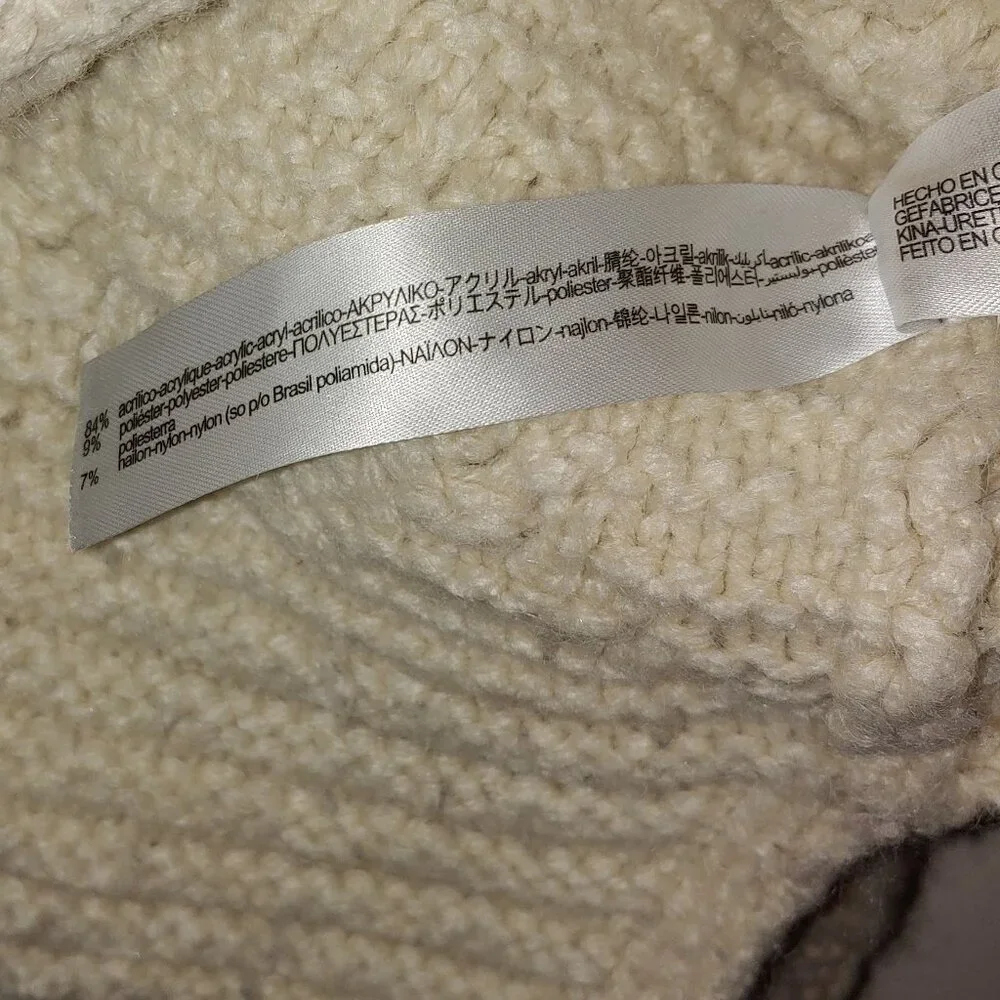 Zara Chunky Cable Knit Patchwork Fringe Details Crew Neck Sweater Size M Cream